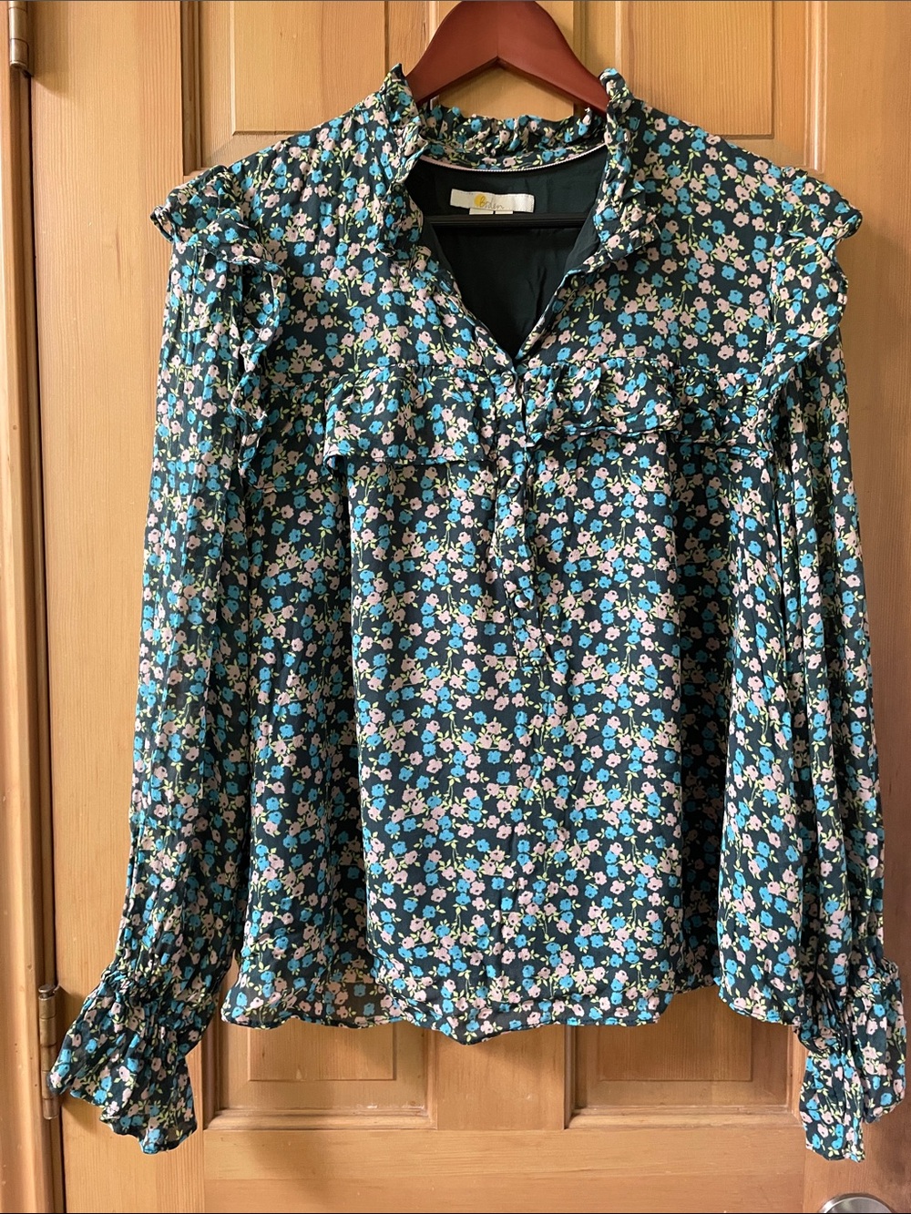 Boden Black Floral Ruffle-Neck Long Sleeve Blouse